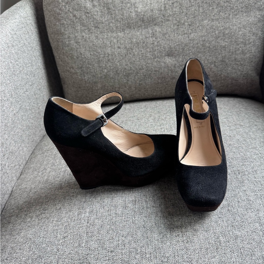 Prada Black Brown Two Tone Suede Mary Jane Wedge Heeled Shoes Size 36.5 / 6.5